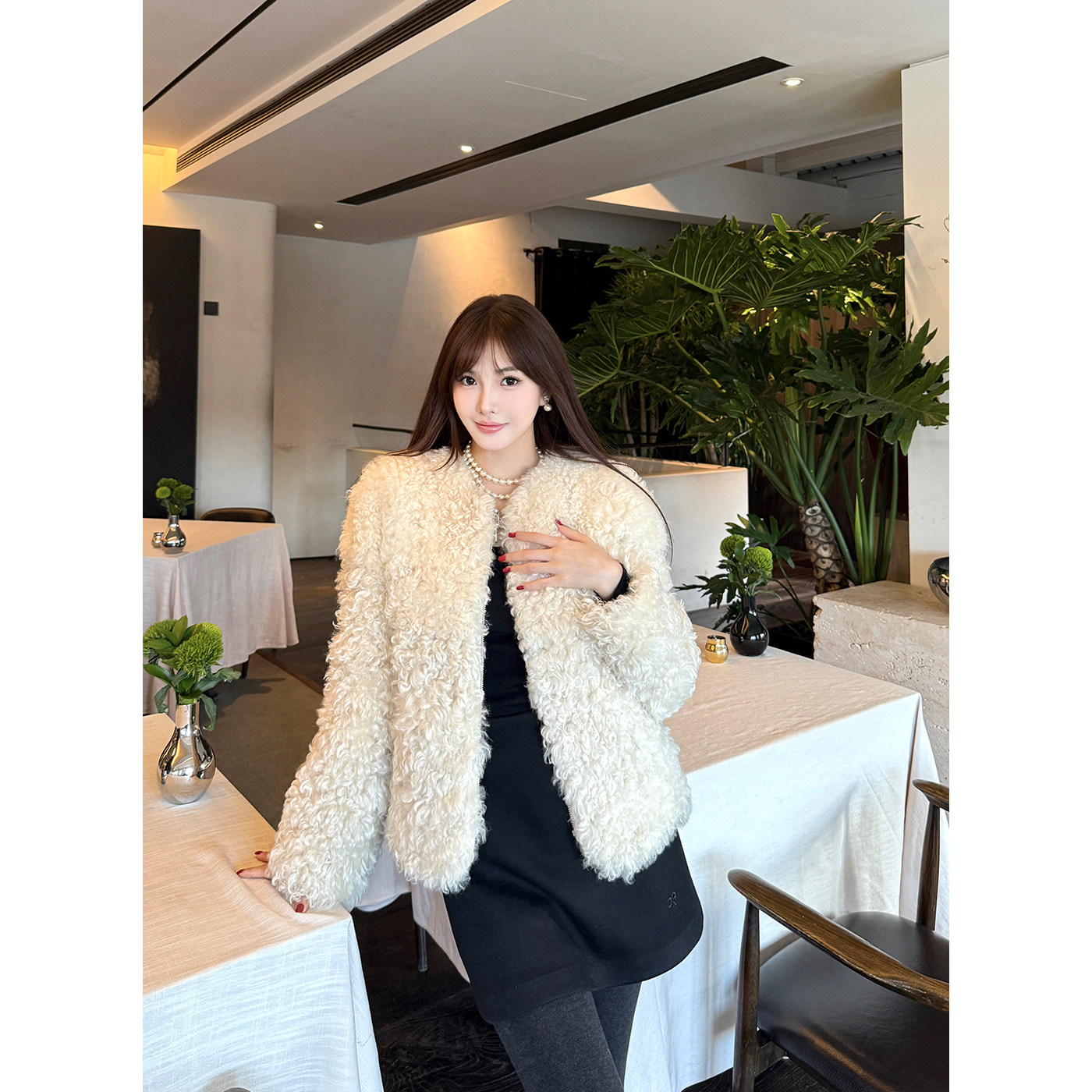 WUSTER 麦斯卷小卷毛皮毛一体羊毛皮草外套女毛毛大衣冬珍珠白