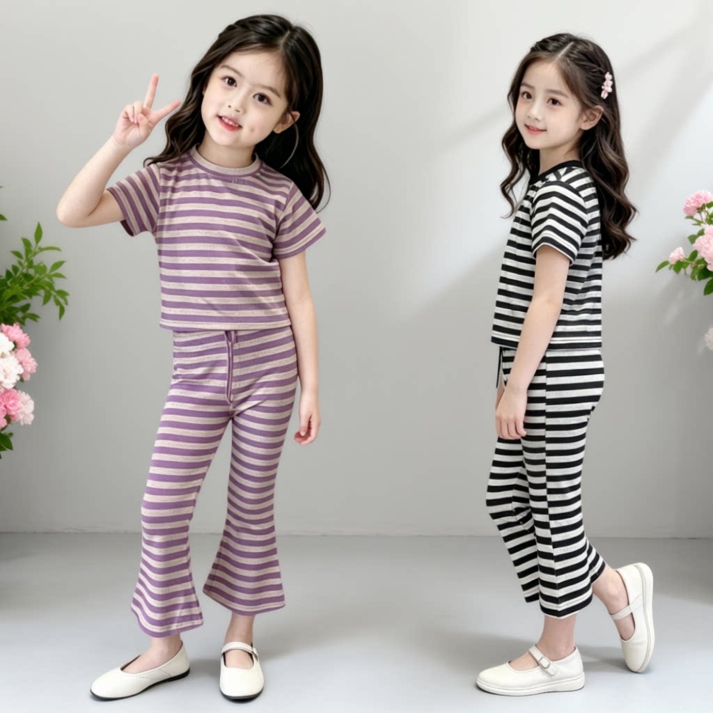 夏季薄款儿童短袖T恤女童条纹宝宝打底衫喇叭裤新款韩版两件套潮