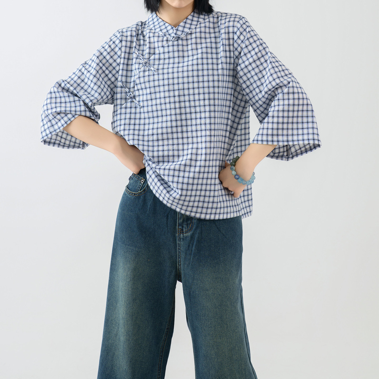 玉想如初|中式文艺复古纯棉格子宽松大码手工盘扣七分袖旗袍上衣,女装/女士精品,上衣,淘宝优惠券,粉丝福利购,淘宝优惠卷