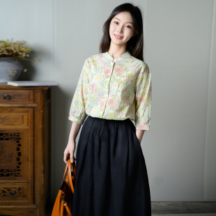小立领女宽松衬衫 上衣文艺复古纯棉印花七分袖 森系女装 玉想芳菲