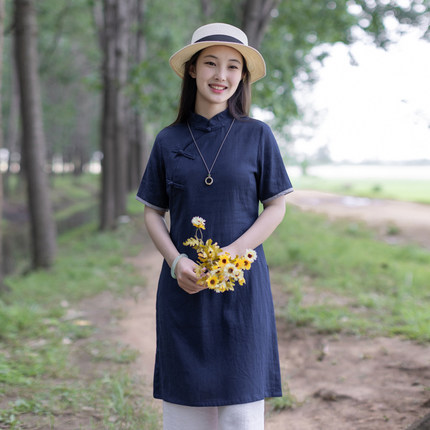 玉想静好 中式女装复古文艺夏季长款修身茶人服纯色棉麻旗袍上衣