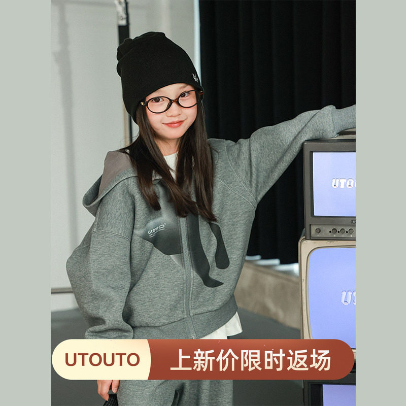 大耳象女童印花运动上衣运动裤冬季新款宝儿加厚保暖纯棉休闲套装