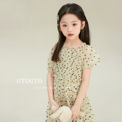 大耳象女童波点纱裙2026夏季新款宝儿打揽泡泡袖甜美可爱薄连衣裙