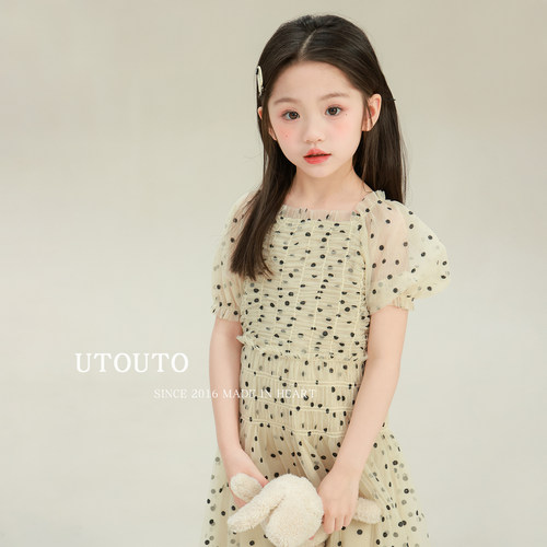 大耳象女童波点纱裙2026夏季新款宝儿打揽泡泡袖甜美可爱薄连衣裙