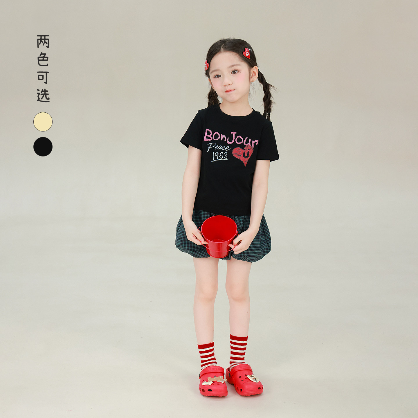 大耳象女童爱心印花T恤2026夏季新款宝儿休闲百搭圆领短袖上衣薄图片