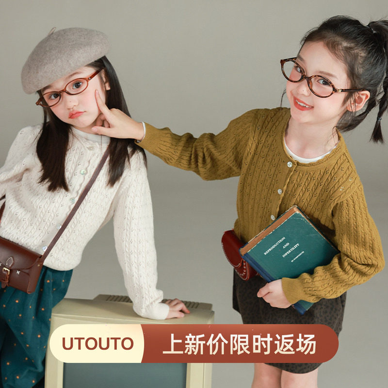 大耳象女童镂空麻花毛衣开衫秋季新款宝儿复古宽松针织上衣