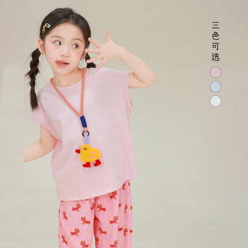 大耳象女童纯色T恤2026夏季新款宝儿圆领logo小标坎肩休闲上衣薄
