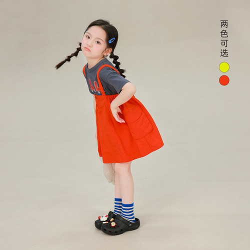 大耳象女童纯色吊带裙2026夏季新款宝儿活泼元气宽松背带裙子薄