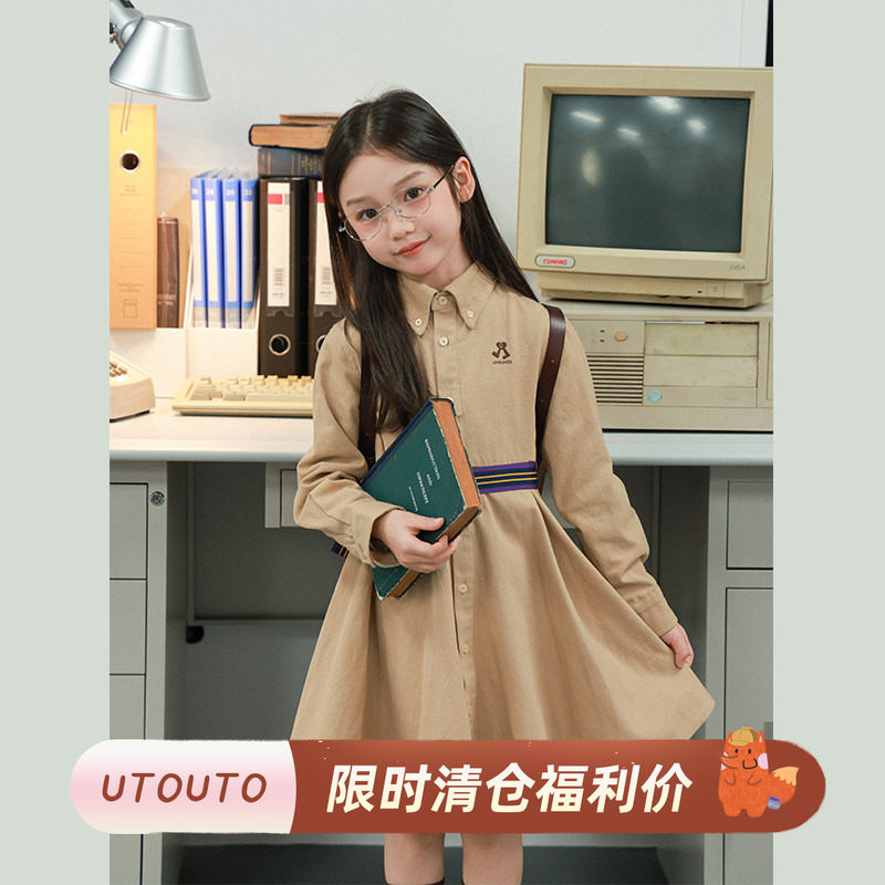 大耳象女童翻领衬衫裙秋季新款宝儿纯棉简约高级长袖连衣裙子