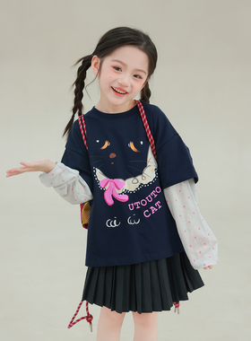 大耳象女童波点拼袖印花T恤2026春季新款宝儿假两件休闲长袖上衣