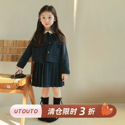 大耳象女童撞色翻领毛呢背心裙毛呢外套冬季新款儿童