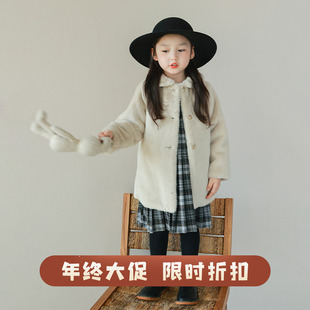 utouto大耳象女童娃娃领毛绒大衣2023冬季新款小女孩洋气外套