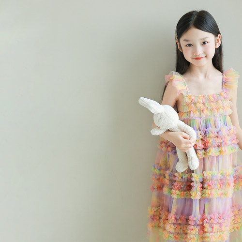 限量款大耳象女童彩色吊带纱裙2026夏季新款宝儿彩虹公主网纱裙子