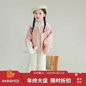 大耳象女童编织感刺绣外套 女孩 新款 双层领子装 饰秋季