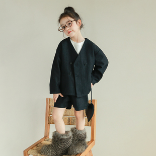 新款 大耳象女童毛呢外套休闲裤 冬季 绵羊毛套装 马甲短裤