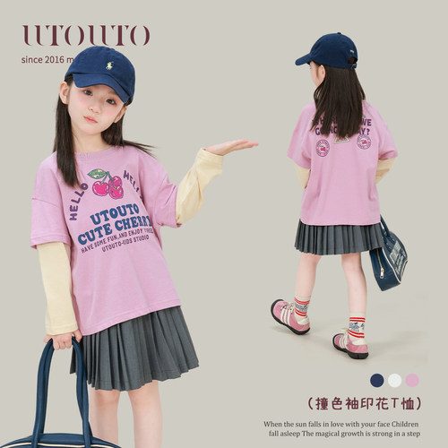 utouto圆领长袖撞色印花T恤