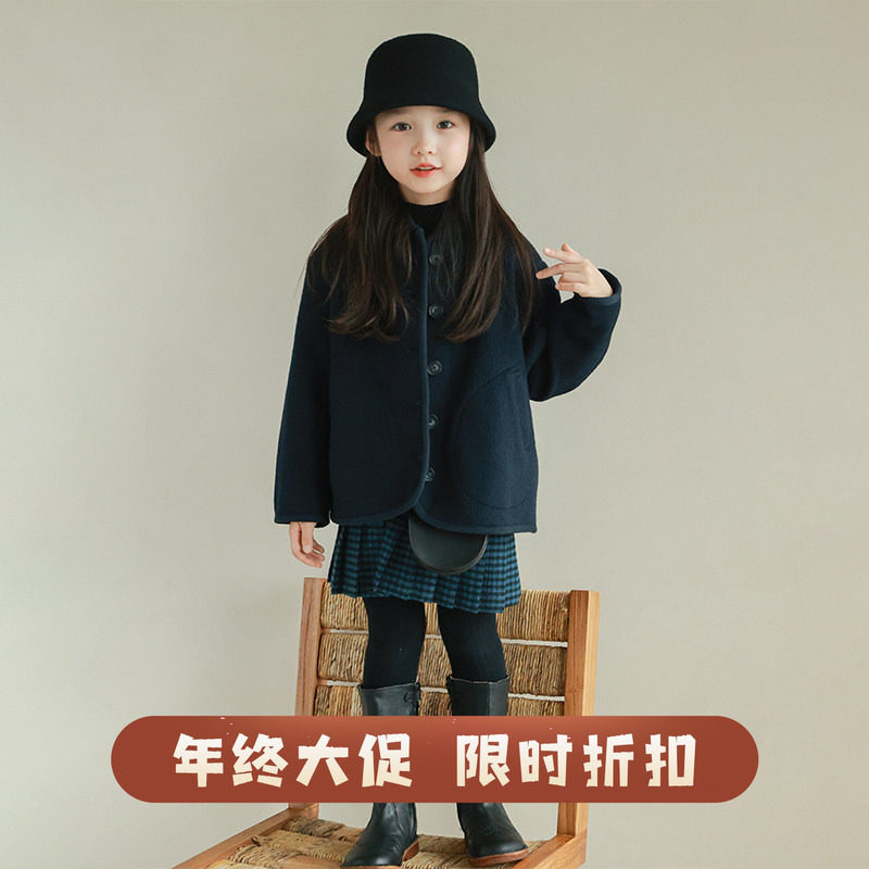 大耳象女童小翻领毛呢外套羊毛冬季新款儿童宽松上衣