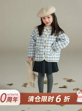 utouto刺绣口袋格纹棉服