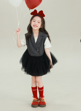 大耳象女童翻领西装纱裙2026春季新款宝儿气质小众网纱无袖裙子