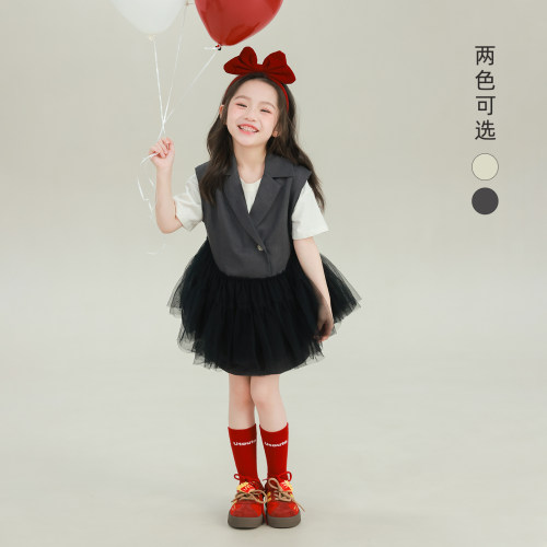大耳象女童翻领西装纱裙2026春季新款宝儿气质小众网纱无袖裙子