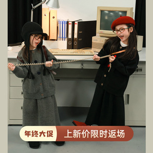 宝儿针织套装 新款 半裙秋季 大耳象女童撞色扣毛衣开衫