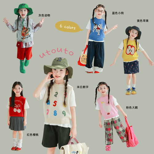 大耳象女童卡通提花毛衣马甲春季新款儿童羊毛混纺上衣青春时尚潮