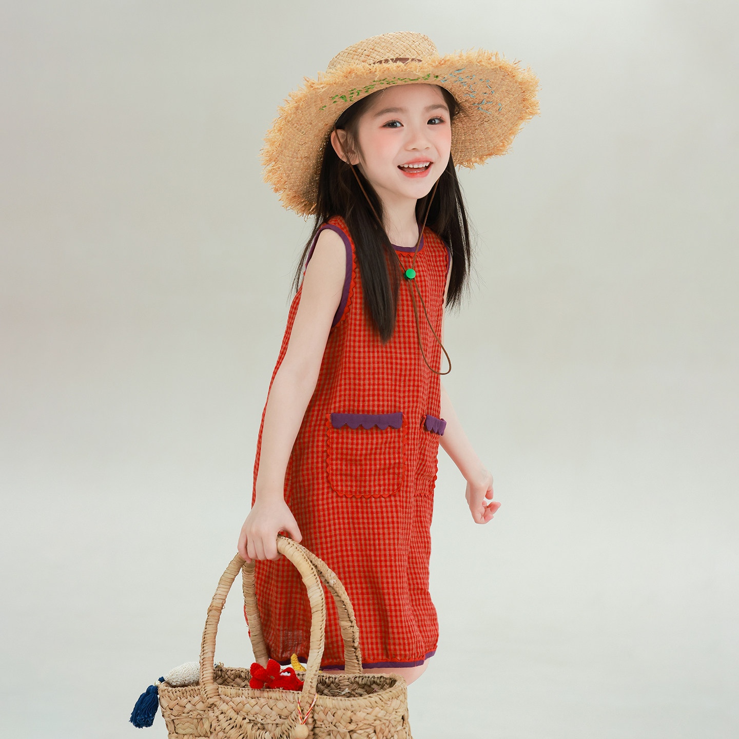 大耳象女童格纹无袖连衣裙2026夏季新款宝儿纯亚麻撞色边背心裙子