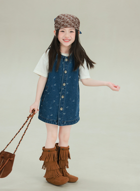 大耳象女童樱桃马甲牛仔裙2026春季新款宝儿满印休闲无袖背心裙子