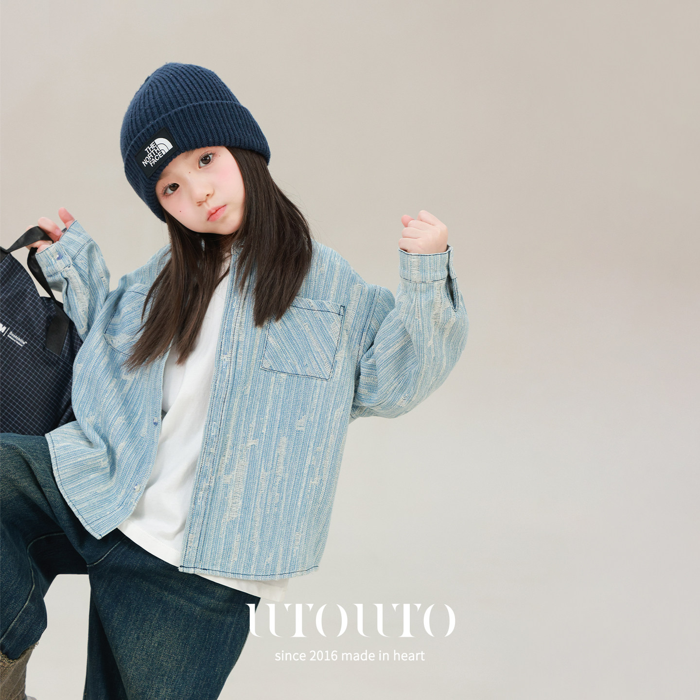 utouto春季破旧翻领牛仔衬衫图片