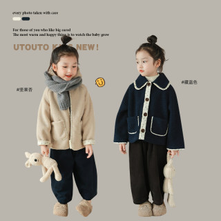 utouto大耳象女童碎花边毛绒外套2023冬季新款儿童时髦外套个性