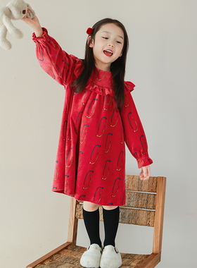 utouto大耳象女童花边绒绒连衣裙2024春季新款女宝红色个性裙子