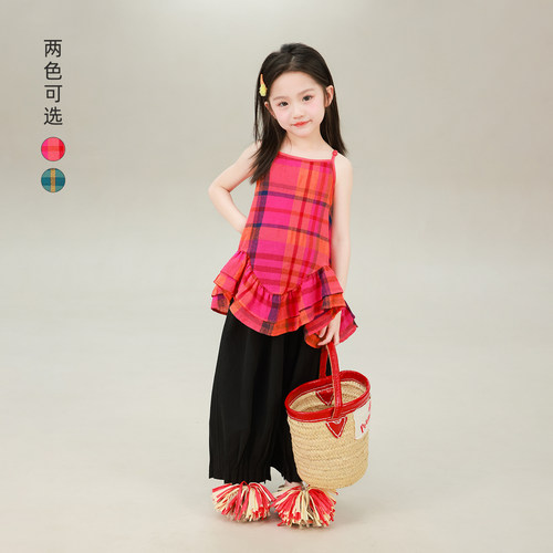 大耳象女童格纹吊带2026夏季新款宝儿复古甜调荷叶边下摆无袖上衣
