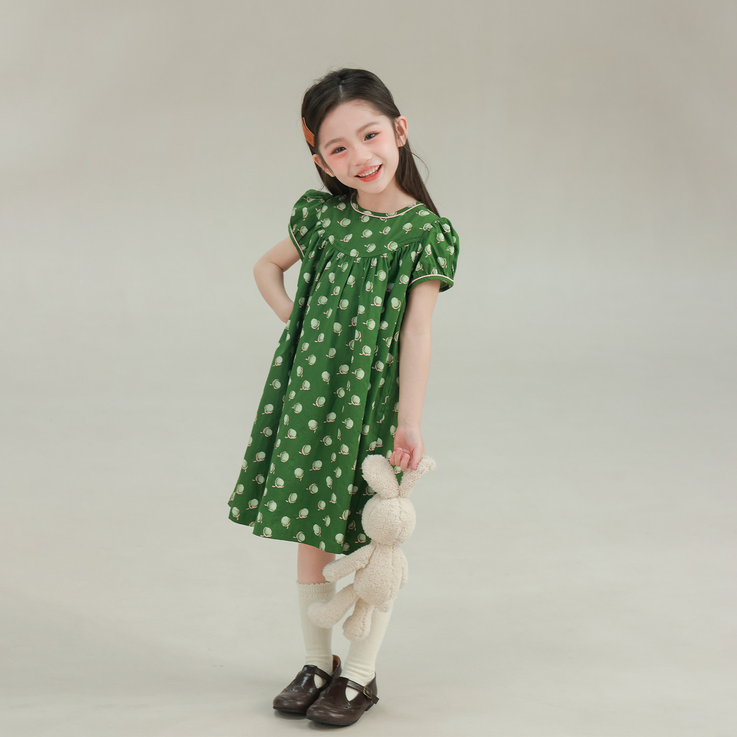 大耳象女童满印连衣裙2026春季新款宝儿纯棉圆领泡泡袖薄短袖裙子