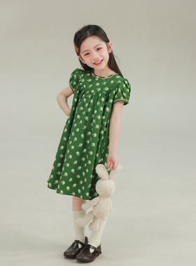 大耳象女童满印连衣裙2026春季新款宝儿纯棉圆领泡泡袖薄短袖裙子