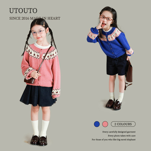 utouto秋季两色拼色毛衣开衫