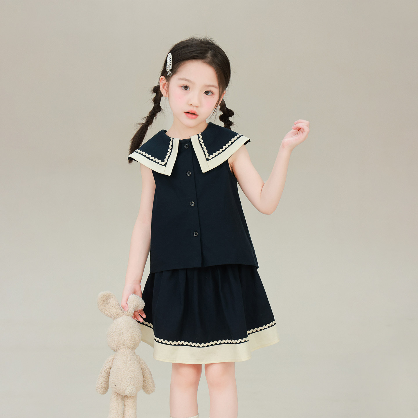 大耳象女童翻领上衣+拼色半裙2026夏季新款宝儿法式学院风套装薄 - 实物图