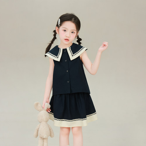 大耳象女童翻领上衣+拼色半裙2026夏季新款宝儿法式学院风套装薄