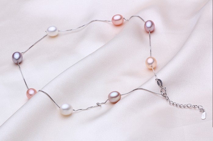 水之泪珠宝天然淡水珍珠项链混彩S925银8-9mm强光无瑕米形送礼新