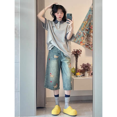美式复古趣味小狗刺绣七分牛仔裤女夏季八分中裤梧桐直筒阔腿短裤