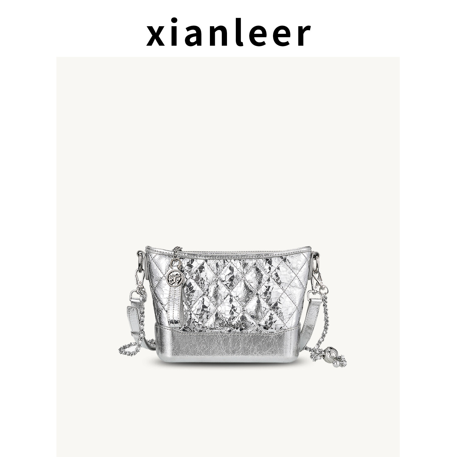 XIANLEER香蕾尔单肩包女高级感真皮菱格流浪包包女银色链条斜跨包
