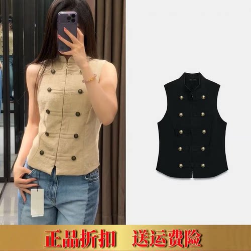 ZA夏季新品女装 欧美风高领无袖休闲假纽扣装饰短款衬衫 7969223