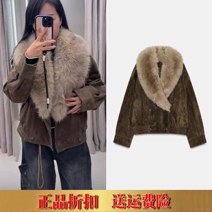 ZA家秋冬季新品女装可拆卸毛领长袖撞色人造皮草夹克外套 5761783