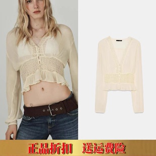 甜辣修身 长袖 V领短款 ZA家 女 法式 蕾丝薄纱衬衫 7521015 春夏新品