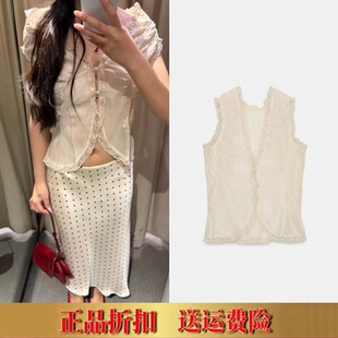 ZA家春夏新款女装甜美时尚半透明无袖V领蕾丝花边背心衬衫3067036