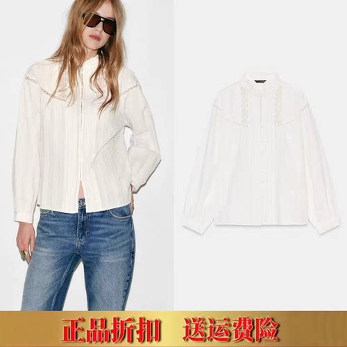 ZA家法式浪漫风格小花边蕾丝拼接镂空重工长袖衬衫春季女 8372258