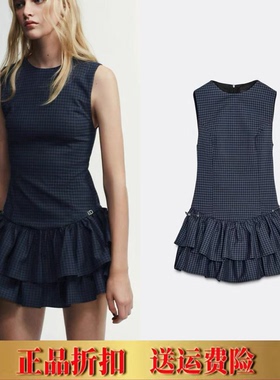 ZA家春秋季新品女装圆领无袖格纹叠层装饰短裙迷你连衣裙 3067269