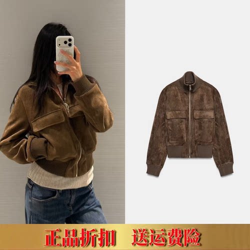 ZA家秋季新款复古立领口袋饰鹿皮绒面飞行员夹克短外套女3046256