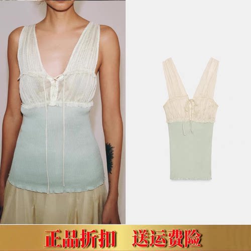 ZA家春夏新款法式纯欲风蝴蝶结饰针织拼接v领吊带背心上衣1223015