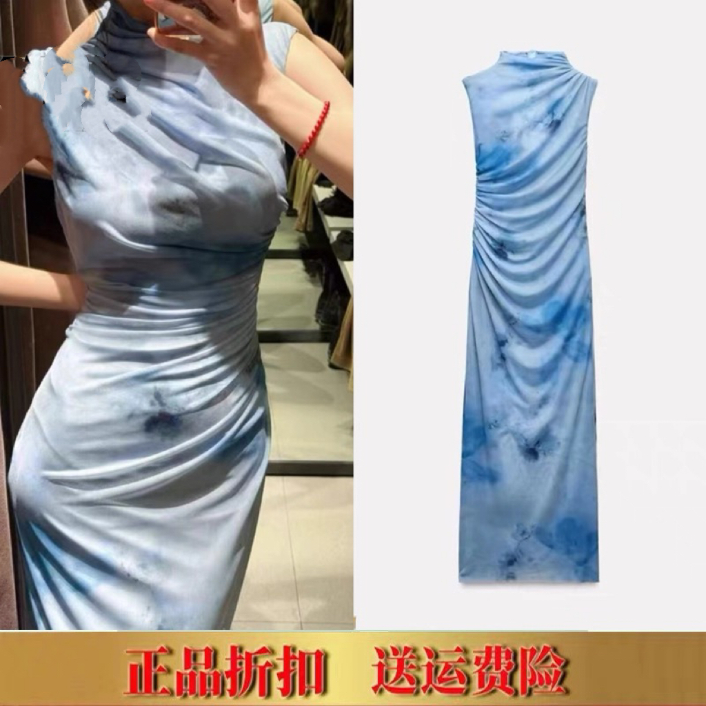 2025春季新品女装 长款褶皱印花无袖迷笛连衣裙 3152344