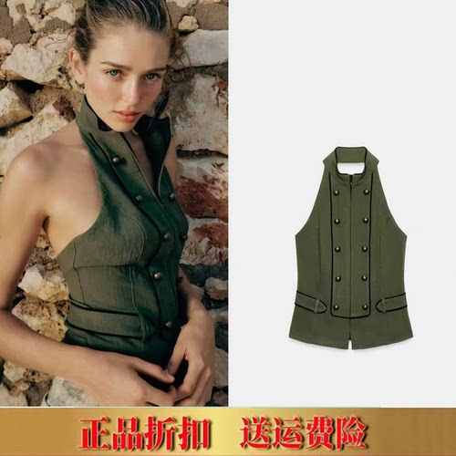 ZA家夏季女新款美式复古轻工装休闲露背双襟挂脖领上衣 3052741